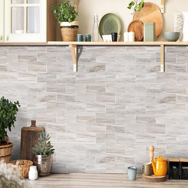 V-MOZZA Peel and Stick Backsplash, 20-Sheet Peel and Stick Wall Tiles 13.5" x 5.8" PVC Subway Tile Stick on Backsplash for Kitchen Fireplace (Beige Sandstone Texture) - Image 2